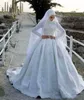 Abito da sposa musulmano modesto maniche lunghe 2023 Abito da ballo in raso con applicazioni di perline in pizzo islamico arabo Dubai Abiti da sposa