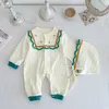 Rompers 2022 Autumn New Toddler Girl Pit Striped Cardigan Long Sleeve Romper And Lace Drawstring Hat Infant Boy Cotton Jumpsuit Clothing J220922
