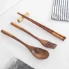 Set di stoviglie Hemu Legno naturale 3 pezzi Stoviglie Bacchette Forchetta Cucchiaio portatile fatto a mano Solido manico lungo Antiscivolo