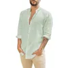 Men's T Shirts 2022 Fashion Linen Cardigan Solid Color Casual Stand Collar Long Sleeve Shirt Male Clothes Tshirt Man Summer Style