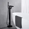 Ensembles de douche de salle de bain Robinet de baignoire autoportant en or brossé/noir Robinet de remplissage de baignoire à fixation au sol Robinet en laiton à poignée unique avec main et pivot