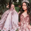 2022 Blush Pink Quinceanera Dresses Ball Gown Sweetheart Rose Gold Lace Appliques Crystal Beads Corset Back Satin Dress Sweet 16 Vestido De 15 Anos Quinceanera