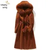 Womens Fur Faux Real Long Coat Female Natural Sheep Shearing Overcoat With Genuine Collar Hooded Wool Winter Warm Jacket Women 220930