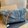 Designer Loulou Puffer Washed Denim Messenger Bag France Brand Women V Quilted Thread Crossbody Handbag Lady Double Chain Straps S294q