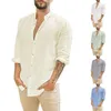 Men's T Shirts 2022 Fashion Linen Cardigan Solid Color Casual Stand Collar Long Sleeve Shirt Male Clothes Tshirt Man Summer Style