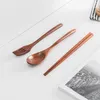 Dijkartikelen sets Hemu Natural Wood 3-delige tabelwaren Chopsticks vork draagbare handgemaakte huishouden huishouden vaste lange handgreep lepel niet-slip