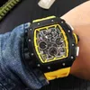 Superclone Luxury Menics Mechanics Watch Richa Milles Mens Mecânico Automático Caso Preto Full Rubber Amarelo Flyback CHONO SKELET