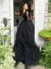 Gothic Line Black A Wedding Dresses Veet Sleeves Lace Vintage Boho Bridal Gowns Sexy Open Back with Tulle Long Train Second Reception Dress for Brides CL1227