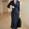 Work Dresses Vintage Occupation Lady Elegant Blazer Collar Dress Women Fashion Double Breasted Spring Business Mermaid Dress With Belt 221006