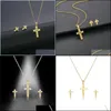 Pendant Necklaces Pendant Necklaces European And American Stainless Steel Cross Necklace Earrings Set For Womenpendant Drop Mjfashion Dhtlg