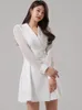 Arbetskl￤nningar Fashion Careers Office Lady Dress Spring Single Breasted hacked Paneled Chiffon Sleeves White Elegant Ol Dress Woman 221006