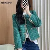 Kvinnors jackor chic design paljetter grön rutig tweed beskuren jacka kvinnor koreanska modeknappar kort kappa vintage lyx chaquetas de mujer 221007