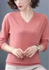 Suéteres para mujer 2022 Otoño Primavera Señoras Azul Jerseys Thin Casual Algodón Tops de lana con cuello en V Manga larga Mujeres Color Sólido Tejer