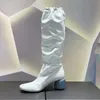 Runway Autumn Chunky High Heel Knee High Boots Women Shoes Pleated Real Leather Mixed Colic Elastic Band Morden Long Boot