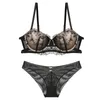 Bras Sets Black Embroidery Sexy Lingerie Bra And Panty For Women Thick Padded Push Up Lace Female Underwear Set A B C D Cup 221007