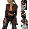 Women's Blouses Ladies Sexy Mesh Midriff-baring Tops Autumn Women Solid Color Lapel Long Sleeve Perspective Tie Up Cardigan Base Shirt