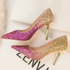Отсуть обувь роскошные дизайнеры высокие каблуки свадебная обувь Sliver Pink Black Gold Glitter Женщина высокая каблука сексуальные туфли.
