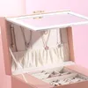 Torebki biżuterii 2022 Duża pojemność wielowarstwowa pudełko do przechowywania różowa skóra z zamkiem i lustrzane organizer kolczyków
