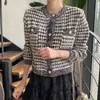 レディースニットティー韓国ファッション格子縞のトリミングニットカーディガン女性エレガント長袖セータージャケット女性カジュアルクルーネックかわいいニットウェアトップ221007