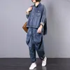 Kvinnors tv￥bitar byxor Autumn Women Outfits Jean Blus Tops and Harem Trousers Set Blue Shirts Denim Female Tracksuits 280S30