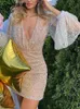 Abiti casual Primavera Sexy Donna Paillettes Mini Moda Scollo a V Lanterna Maniche lunghe Elegante Night Club Party Bodycon 221007