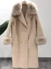 Dames bont faux oftbuy echte jas winter jas vrouwen natuurlijke kraag kasjmier wol melanges lange bovenkleding dames streetwear 221006