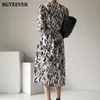 Casual Dresses BGteever Spring Stand Collar Women Full Sleeve Elegant Hit Color Female Lace-Up Tryckt Midi Vestidos 221007