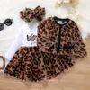 Clothing Sets Autumn Winter Toddler Girls Letter Leopard Print Fur Patchwork Long Sleeve Dress Jacket Tops Headband Baby s 221007