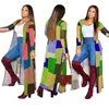 Autumn Winter Women Printed Long Windbreaker Coat Plus Size M-4XL Stitching Colorblock Outwear Casual Longline Cardigan