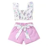 Kläder sätter spädbarns småbarn baby flickor kläder outfit flygande ärm blommig tryck ruched tank tops med shorts set 9m-3t