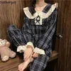 Women's Sleepwear Women Long Sleeve Plaid Pajama Sets Sweet Princess Lace Turn Down Collar Cute Korean Lounge Two Pieces Pyjamas Female 221007