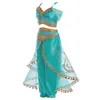 أنماط زرقاء الفتيات ياسمين Cosplay 2 قطع الملابس مجموعة جميلة الأخضر والذهبي الأميرة الفتاة فتاة الحفلات مرحلة الرقص