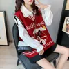 Women's Vests 3901 Blue Red Knitted Sweaters Vest Women V Neck Cartoon Vests Female Spring Autumn Vest Waistcoat Loose Knitwear Veste Femme 221007