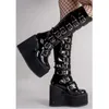 Boots Plus Size 43 Design Platform Thick Heel Mid Calf Women Punk Cool Gothic Black Buckle Shoes Woman High Womens 221007