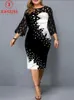 Casual Dresses Plus Size Elegant Print Pencil for Office Lady Patchwork Design Lace Decor O-Neck Flare Sleeve Mid Waist Slim Hips 221007