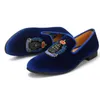 New Style Men Blue Velvet Shoes Embroidery Crown Fashion Party and Banquet Male Dress Shoes Plus Size 39-47 a6