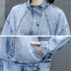 TRABALHO FEMAN ATUALIZAÇÃO 2022 Spring Autumn Tooling Jaqueta curta coreana Jeans de manga longa Straight Jeans de duas peças Trendência feminina H1457