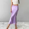 Повседневные платья Mnealways18 Сплошная фиолетовая атласная шелковая юбка Женщины с высокой талией летние элегантные женские офис Midi Spring 221007