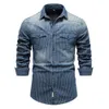 EBAIHUI Men's Long-sleeved Denim Shirts Male Cotton Shirt with Striped Lapel Solid Color Trim Commute Mens Clothing