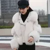 Women Coat thanksgiving gift Winter Faux Fox Fur Splicing leather outdoor leisure fashion street Fur collar coats Khaki grey white and black colour jackets S-3XL