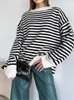 Damesbreien T Tees O nek Vintage gestreepte trui -pullovers voor vrouwen casual losse lange mouwen jumpers herfst vrouwelijk druppel schouder kint toppen 221007