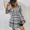 Casual Dresses Black White Striped Mini Dress Women 2022 Seven Sleeve Loose Fit Robe Bohemian Reched V Neck Short Vestidos