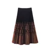 Skirts Women Knitted Pleated Autumn Winter Color Patch High Waist Long Female Warm Ladies Maxi Midi 221007