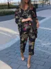 Женские брюки с двумя частями Zanzea Bohemian Summer Summer Floral Pronts Holiday Speating с длинным рукавом O-образным вырезом с низкой блузкой.