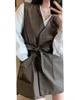 Women's Vests Women Long PU Leather Vests Autumn Belt Causal Loose Sleeveless Jacket Girl Waistcoat 221007