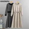 Robes décontractées Gigogou Luxury Jacquard Femmes Long Sweater Chic Automne hiver une ligne avec ceinture plissée Maxi Midi Party 221007