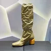 Piste automne gros talon haut genou bottes femmes chaussures plissé en cuir véritable couleur mélangée bande élastique Morden longue botte