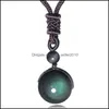 Naszyjniki wiszące 12 mm Stone Black Black Obsidian Rainbow Eye Koraliki Kullowe Transfer Lucky Love Crystal Biżuteria z liną do DHBLG