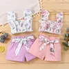Clothing Sets Infant Toddler Baby Girls Clothes Outfit Flying Sleeve Floral Print Ruched Tank Tops With Shorts Set 9M-3T