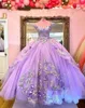 2023 Robes de quinceanera lilas avec des bretelles Applique en dentelle Couchette de balle de bal de balle Sweet 16 Prom Birthday Prom Formel Evenol Wear Vestidos 403 403
